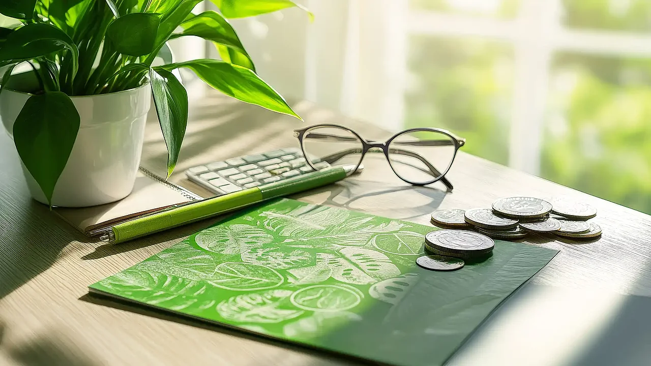 Schreibtisch mit grüner Mappe, Münzen, Brille und Pflanze – Symbolbild für Nachhaltigkeit und Kostenreduktion im Unternehmen.