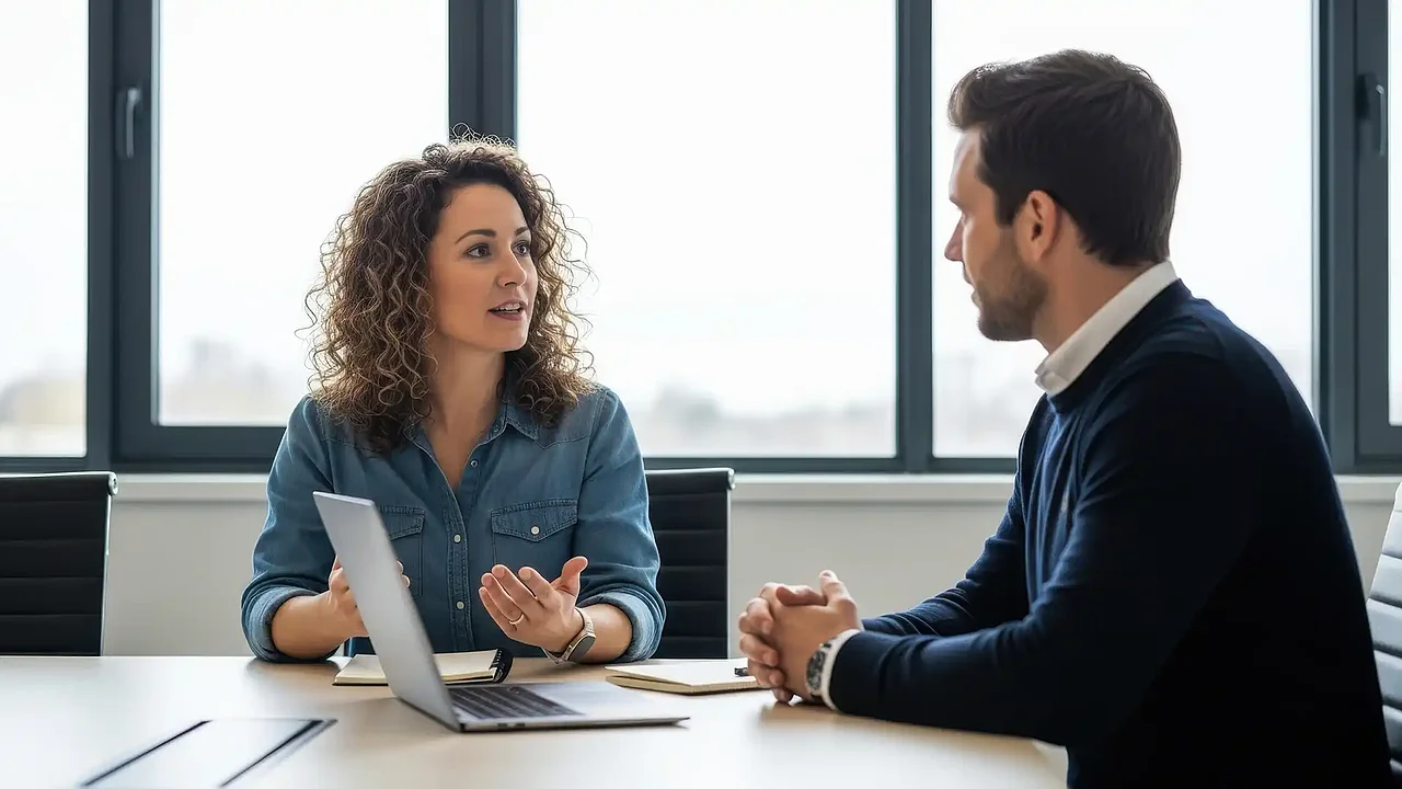 Berater und Unternehmer sitzen im Gespräch an einem Tisch, betrachten gemeinsam Unterlagen und Laptop als Symbol für kostenlose Erstberatung zu Nachhaltigkeit, ESG-Strategie und zukunftssicherer Unternehmensentwicklung bei PRO2 Consulting.