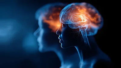 Abstrakte Darstellung eines menschlichen Kopfes mit leuchtendem Gehirn als Symbol für Lernen, Wissenstransfer und Kompetenzaufbau im Unternehmen.