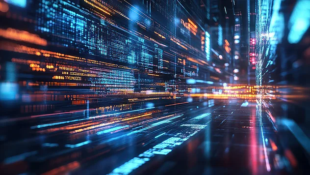 Abstrakte Darstellung digitaler Datenströme und leuchtender Linien als Symbol für digitale Innovation und smarte Technologien in der Unternehmensberatung.