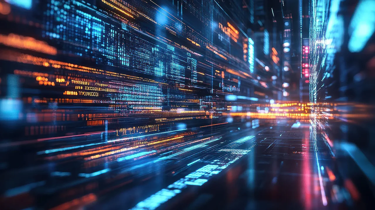 Abstrakte Darstellung digitaler Datenströme und leuchtender Linien als Symbol für digitale Innovation und smarte Technologien in der Unternehmensberatung.