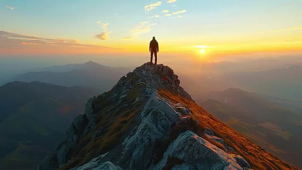 Eine Person steht auf einem Berg und blickt in die Ferne in Richtung Sonnenaufgang als Symbol für visionäre, nachhaltige Unternehmensentwicklung.