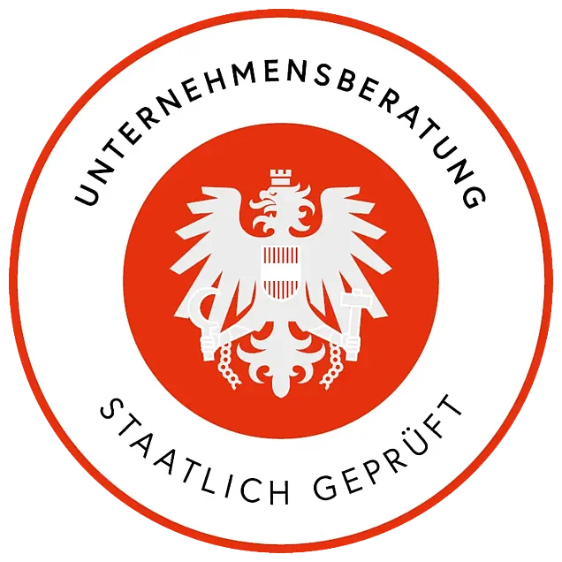 Rundes Gütesiegel mit österreichischem Bundesadler und der Aufschrift "Unternehmensberatung – staatlich geprüft".